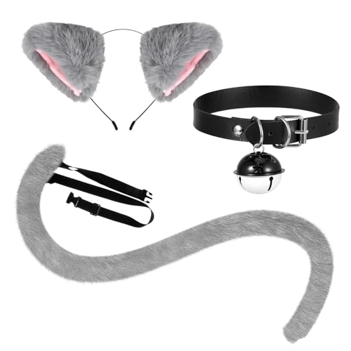 XEPST Katze Cosplay Kostüm Set, Schwanz und Ohren Set Faux Furry Fox Wolf Tail Kit mit 80cm Langer Fuchsschwanz und Ohren für Frauen Mädchen Cosplay Kostümfest Karneval Party Kostüm, Grau von XEPST