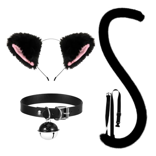 XEPST Katze Cosplay Kostüm Set, Schwanz und Ohren Set Faux Furry Fox Wolf Tail Kit mit 80cm Langer Fuchsschwanz und Ohren für Frauen Mädchen Cosplay Kostümfest Karneval Party Kostüm, Schwarz von XEPST