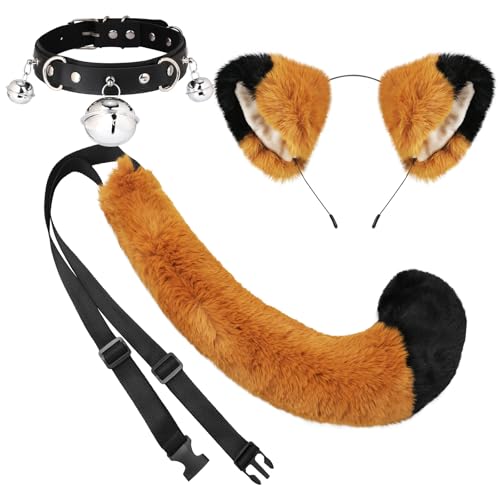 XEPST Katze Cosplay Kostüm Set, Schwanz und Ohren Set Faux Furry Fox Wolf Tail Kit mit Langer Fuchsschwanz und Ohren und Glockenkragen für Kostüm Dressing Parteien, Braun+Schwarz von XEPST