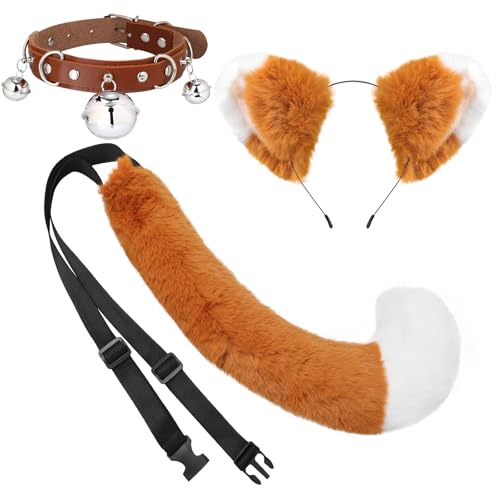 XEPST Katze Cosplay Kostüm Set, Schwanz und Ohren Set Faux Furry Fox Wolf Tail Kit mit Langer Fuchsschwanz und Ohren und Glockenkragen für Kostüm Dressing Parteien, Braun+Weiß von XEPST