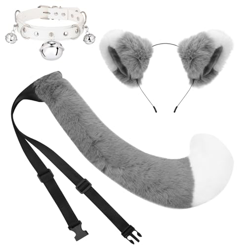 XEPST Katze Cosplay Kostüm Set, Schwanz und Ohren Set Faux Furry Fox Wolf Tail Kit mit Langer Fuchsschwanz und Ohren und Glockenkragen für Kostüm Dressing Parteien, Grau+Weiß von XEPST