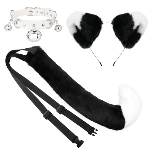 XEPST Katze Cosplay Kostüm Set, Schwanz und Ohren Set Faux Furry Fox Wolf Tail Kit mit Langer Fuchsschwanz und Ohren und Glockenkragen für Kostüm Dressing Parteien, Schwarz+Weiß von XEPST