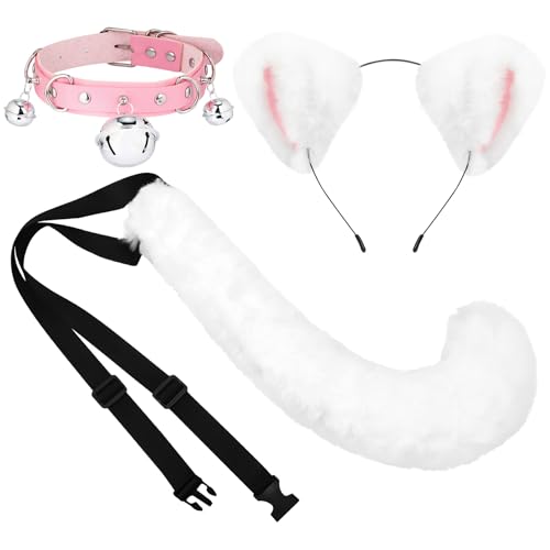 XEPST Katze Cosplay Kostüm Set, Schwanz und Ohren Set Faux Furry Fox Wolf Tail Kit mit Langer Fuchsschwanz und Ohren und Glockenkragen für Kostüm Dressing Parteien, Weiß von XEPST