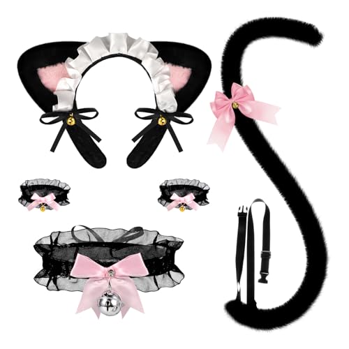 XEPST Katzenohren Katzenschwanz Cosplay Set, Katzenohren und Schwanz Set aus Katzenohr Stirnband Halsband Handkreis Katzenschwanz und Schwanz Halloween Kostüme Karneval Dienstmädchenkleid Cosplay von XEPST