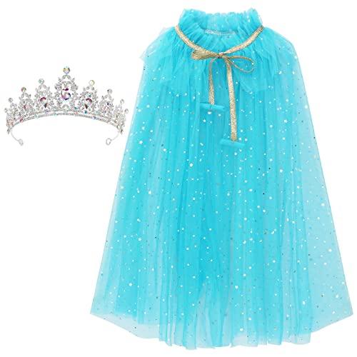 XEPST Kinder Umhang Prinzessin Cape mit Prinzessin Crown Tiara, Blau Prinzessin Umhang Tüll Umhang Glitzer Pailletten Cape Halloween Karneval Kostüm Umhang Prinzessin Cosplay Party Kostüm für Mädchen von XEPST