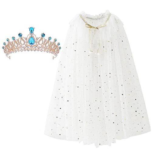 XEPST Kinder Umhang Prinzessin Cape mit Crown Tiara, Weiß Umhang Tüll Glitzer Pailletten Cape Halloween Karneval Kostüm Prinzessin Cosplay Party Kostüm für Mädchen von XEPST