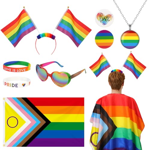 XEPST LGBTQ Gay Pride Zubehör - 8 STÜCK Gay Pride Cape Set mit Regenbogenflagge Cape Regenbogen Stirnband Pride Sonnenbrille Pride Armbänder Pride Broschen für Gay Pride Events Pride Month Paraden von XEPST