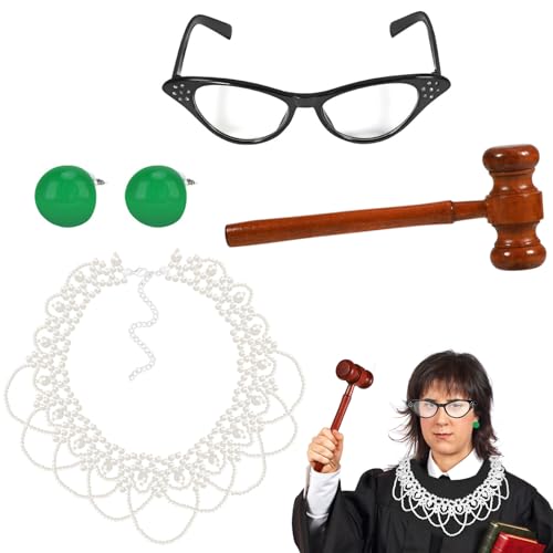 XEPST Richter Kostümset für Frauen - 4 STÜCK Richter Kostümzubehör Set mit Halskette mit falschem Kragen Richter Hammer Brille Grüne Ohrringe für Halloween Kostüm Cosplay Karneval Kostüm verkleiden von XEPST