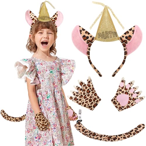 XEPST Tier Leopard Kostüm Set, Leopardenohren Stirnband Schwanz und Pfote Set mit Leoparden Stirnband Schwanz für Tierkostüm Cosplay Geburtstagsparty Zubehör Halloween Kostüm Kostüm Partyzubehör von XEPST