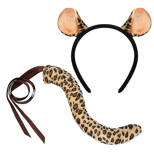 XEPST Tier Leopard Kostüm Set, Leopardenohren und Schwanz Set mit Leoparden Stirnband und Schwanz für Tierkostüm Cosplay Geburtstagsparty Zubehör Halloween Kostüm Kostüm Partyzubehör, Braun von XEPST