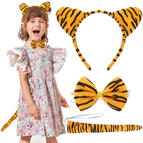 XEPST Tier Tiger Kostüm Set, Tigerohren und Schwanz Set mit Tigerohren Stirnband Fliege Tigerschwanz für Tierkostüm Cosplay Geburtstagsparty Zubehör Halloween Kostüm Kostüm Partyzubehör von XEPST