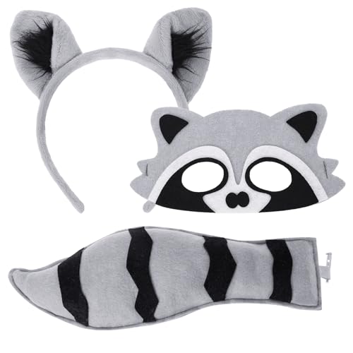 XEPST Tier Waschbär Kostüm Set, Waschbär Ohren und Schwanz Set mit Waschbär Stirnband und Waschbär Schwanz für Tierkostüm Cosplay Geburtstagsparty Zubehör Halloween Kostüm Kostüm Partyzubehör, B von XEPST