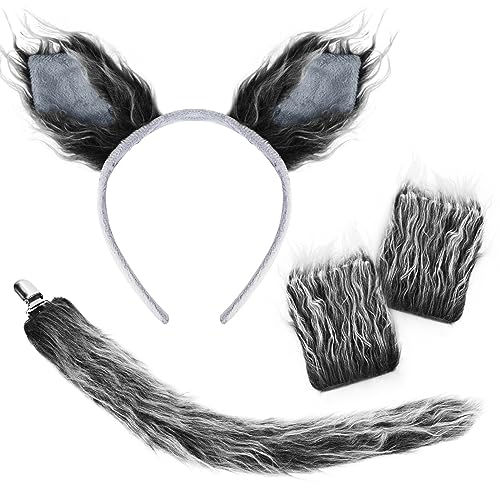 XEPST Tier Wolf Kostüm Set, Wolf Ohren und Schwanz Kostüm Set mit Wolf Stirnband Flauschige Wolfspfoten Pelzig Wolf Schwanz für Tierkostüm Cosplay Geburtstagsparty Halloween Kostüm Kostüm Partyzubehör von XEPST