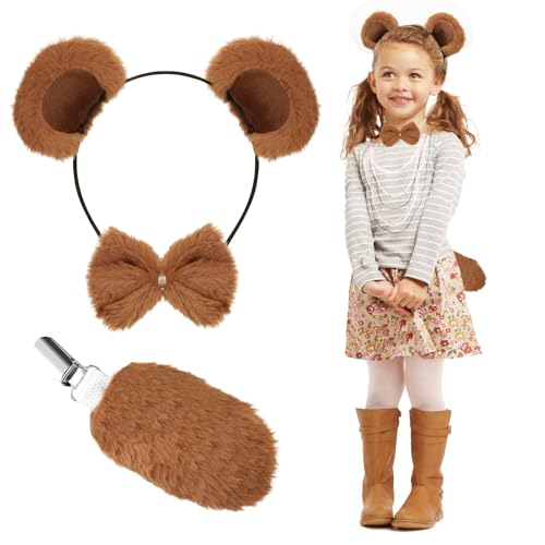 XEPST Tierbär Kostüm Set, Braunbär Ohren und Schwanz Set mit Bärenohren Stirnband und Bärenschwanz für Tierkostüm Cosplay Geburtstagsparty Halloween Canival Kostüm Partyzubehör von XEPST