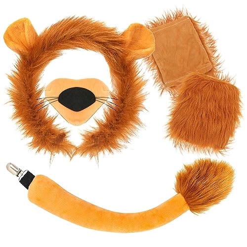 XEPST Tierlöwenkostüm Set, Löwenohren Stirnband Schwanz und Pfote Set mit Löwenstirnband Pfoten Löwenschwanz für Tierkostüm Cosplay Geburtstagsparty Zubehör Halloween Partyzubehör, Lion-C von XEPST