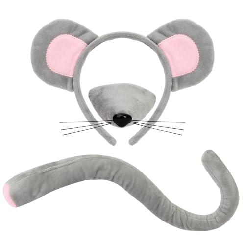 XEPST Tiermaus Kostüm Set, Mausohren und Schwanz Set mit Rattenohren Stirnband Maus Nase Maus Schwanz für Tierkostüm Cosplay Geburtstagsparty Weltbuchtag Halloween Kostüm Partyzubehör von XEPST