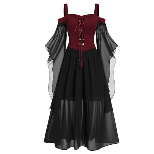 XEYYHAS Damen Gothic Halloween Kleid Vintage Schwarz Hexenkostüm mit A Linie Spitze Maxikleid und Schmetterlingsärmeln Gothic Kleid von XEYYHAS