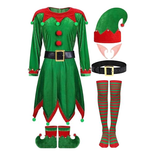 XEYYHAS Weihnachtsmann-Elfenkostüm, Elfenohren, gestreift, Strumpf, Elfenhut, Schuhe, Gürtel, Kleid für Weihnachten, Party, Urlaub, Elfen-Kostüm für Damen, Erwachsene, Urlaub, Elfen-Kostüm, Zubehör von XEYYHAS