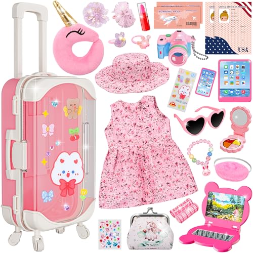 Puppenkoffer, Reise-Spielset für 3 Jahre alte Puppenkleidung und Zubehör und 25-teiliges Puppenkleidung, niedliche Tasche, Armband, Sonnenbrille, Kamera, Reisekissen, Computer, Handy, Unterlage, von XFBB