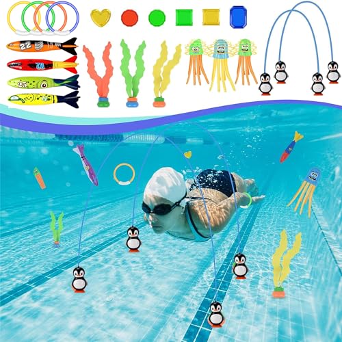 XFLYP 22 Stück Tauchspielzeug Set für Kinder, Unterwasser Tauchbecken Spielzeugset mit 2 Pinguin-Tauchtürstreifen, 4 Bandits Torpedo, 4 Tauchringe, Kinder Pool Spielzeug für Schwimmen Pooltraining von XFLYP