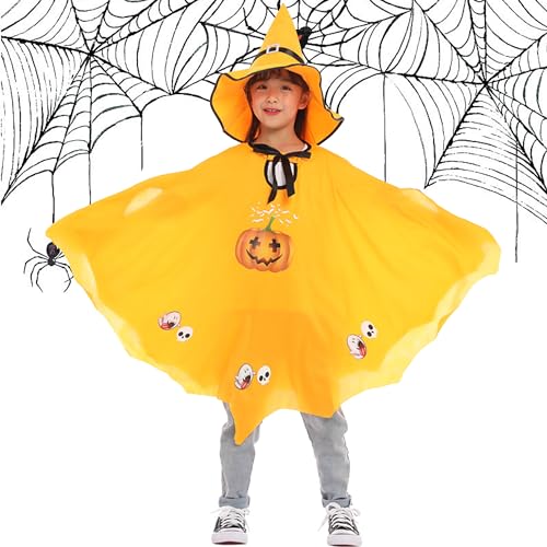 XFLYP Halloween kostüm Kinder, Ideal für Höhe 90-150cm Hexe Zauberer Umhang mit Hut, Hexenkostüm Kinder Kürbis Kostüm Anzug Halloween Kürbiskostüm für Halloween Cosplay Party (Orange) von XFLYP