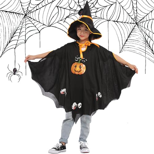 XFLYP Halloween kostüm Kinder, Ideal für Höhe 90-150cm Hexe Zauberer Umhang mit Hut, Hexenkostüm Kinder Kürbis Kostüm Anzug Halloween Kürbiskostüm für Halloween Cosplay Party (Schwarz) von XFLYP