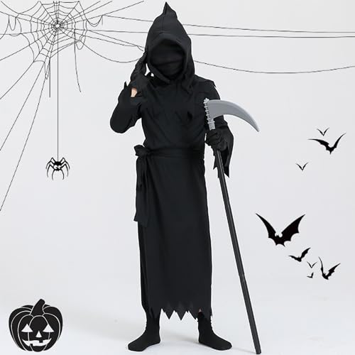 XFLYP Sensenmann Kostüm, Sensenmann Halloween mit Plastic Scythe Weapon, Umhang, Kapuze, Handschuh für Halloween Dekoration Karneval Cosplay, Halloween Kostüm für Kinder (M) von XFLYP