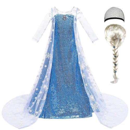 Kleid Elsa Eiskönigin Mädchen Kostüm Kleid Eiskönigin Prinzessin Elsa Kinder mit Perücke für Geburtstag Weihnachten Party Halloween Karneval Cosplay Party Hochzeit Cosplay Kleid, Wig-130 cm von XFOZDM