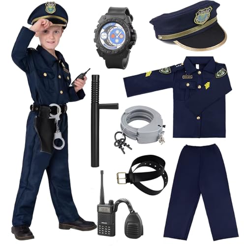 Polizei-Kostüm für Kinder, Polizei-Kostüm für Jungen, mit Walkie-Talkie, Polizei, Handschellen, Stab und anderem Zubehör, Polizei-Kostüm, Kinder, für Cosplay-Outfits, Halloween, Karneval, 01 Blue-M von XFOZDM