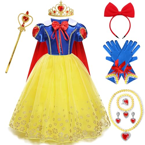 Prinzessin Schneewittchen Kostüm Kinder Schneewittchen Kleid mit Krone Zauberstab Handschuhe und roten Umhang weiß Schnee verkleiden sich Halloween Geburtstag Weihnachten Cosplay Outfits 01,100cm von XFOZDM