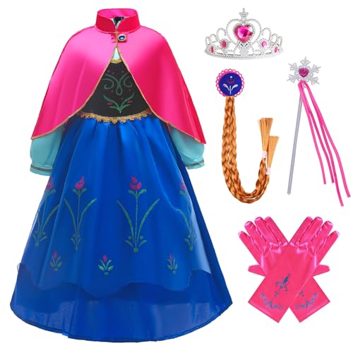 XFOZDM Anna Kostüm Mädchen Kinder Prinzessin Anna Kleid Mädchen mit Cape und Zubehör Prinzessin Kostüm für Verkleidung Faschingskostüme Halloween Weihnachten Geburtstag Party Cosplay 01 100 von XFOZDM