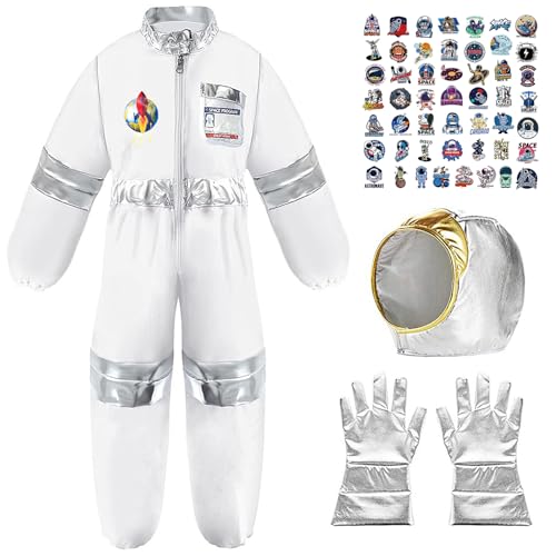 XFOZDM Astronaut Kostüm Kinder Jumpsuit Onesie mit Astronauten Helm Handschuh und Aufkleber für Mädchen und Jungen Space Kostüm Astronaut Rollenspiel Halloween Karneval Faschingskostüme L von XFOZDM