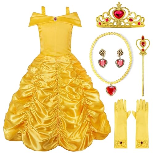 XFOZDM Belle Kostüm Kleid für Kinder Mädchen Verkleidung Prinzessin Kleid Belle Et La Bete Kinderkostüm Schulterfrei Mit Zubehör Geburtstag Halloween Weihnachten Party Karneval Cosplay Kleid,120cm von XFOZDM