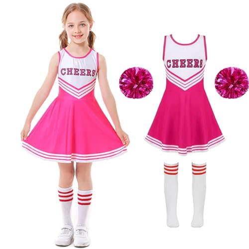 XFOZDM Cheerleader Kostüm Kinder Cheerleader Kostüm Kleid Mädchen Cheer Uniform mit Pompoms und Kopfschmuck Cheerleader Outfit Kinder für Faschingskostüme Halloween Karneval, Rosa 120 von XFOZDM