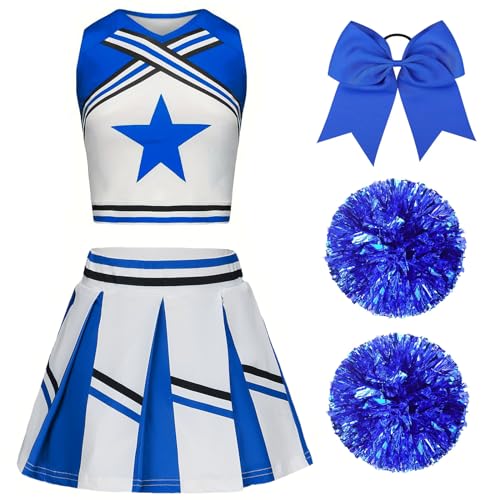 XFOZDM Cheerleader Kostüm Kinder Cheerleader Kostüm Kleid Mädchen Cheer Uniform mit Pompoms und Kopfschmuck Cheerleader Outfit Kinder für Faschingskostüme Halloween Karneval Blau 120 von XFOZDM