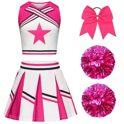 XFOZDM Cheerleader Kostüm Kinder Cheerleader Kostüm Kleid Mädchen Cheer Uniform mit Pompoms und Kopfschmuck Cheerleader Outfit Kinder für Faschingskostüme Halloween Karneval Rosa 120 von XFOZDM