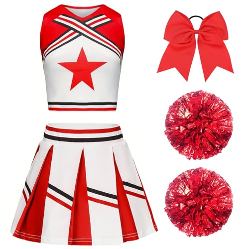 XFOZDM Cheerleader Kostüm Kinder Cheerleader Kostüm Kleid Mädchen Cheer Uniform mit Pompoms und Kopfschmuck Cheerleader Outfit Kinder für Faschingskostüme Halloween Karneval Rot 120 von XFOZDM