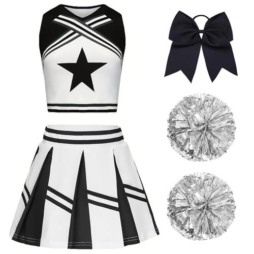 XFOZDM Cheerleader Kostüm Kinder Cheerleader Kostüm Kleid Mädchen Cheer Uniform mit Pompoms und Kopfschmuck Cheerleader Outfit Kinder für Faschingskostüme Halloween Karneval Schwarz 120 von XFOZDM