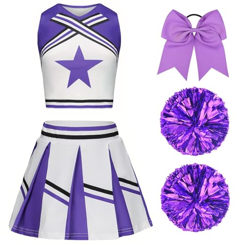 XFOZDM Cheerleader Kostüm Kinder Cheerleader Kostüm Kleid Mädchen Cheer Uniform mit Pompoms und Kopfschmuck Cheerleader Outfit Kinder für Faschingskostüme Halloween Karneval Volett 120 von XFOZDM