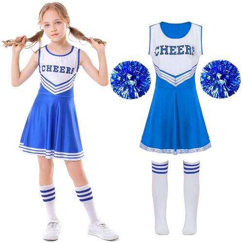 XFOZDM Cheerleader Kostüm Pompom Mädchen Kostüm Cheerleader Shorts Kostüm Pompom Girl mit Pompoms und Socken Pompom Uniform Mädchen für Karneval Halloween Cosplay Kostüm,Blau 130 von XFOZDM