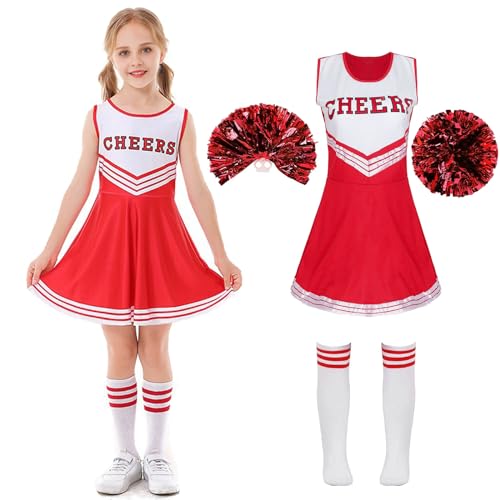 XFOZDM Cheerleader Kostüm Pompom Mädchen Kostüm Cheerleader Shorts Kostüm Pompom Girl mit Pompoms und Socken Pompom Uniform Mädchen für Karneval Halloween Cosplay Kostüm,Rot 130 von XFOZDM