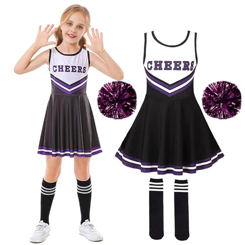 XFOZDM Cheerleader Kostüm Pompom Mädchen Kostüm Cheerleader Shorts Kostüm Pompom Girl mit Pompoms und Socken Pompom Uniform Mädchen für Karneval Halloween Cosplay Kostüm,Schwarz 140 von XFOZDM