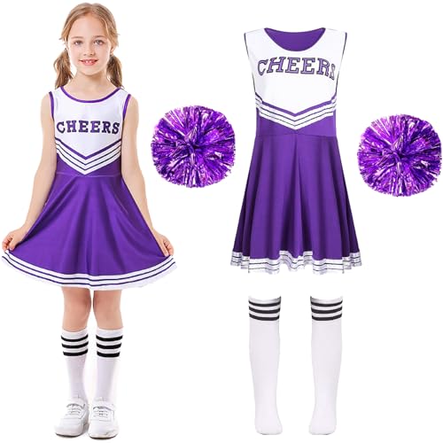 XFOZDM Cheerleader Kostüm Pompom Mädchen Kostüm Cheerleader Shorts Kostüm Pompom Girl mit Pompoms und Socken Pompom Uniform Mädchen für Karneval Halloween Cosplay Kostüm,Violett 120 von XFOZDM