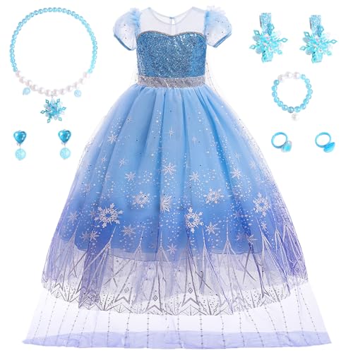 XFOZDM Elsa Kostüm Kinder Elsa Kleid Prinzessin Kostüm Mädchen mit Zubehör Elsa Verkleidung für Faschingskostüme Halloween Weihnachten Geburtstag Party Cosplay Kurzärmelig 01 100 von XFOZDM