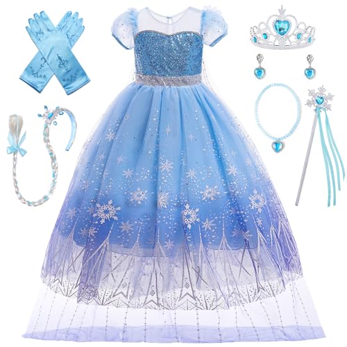 XFOZDM Elsa Kostüm Kinder Elsa Kleid Prinzessin Kostüm Mädchen mit Zubehör Elsa Verkleidung für Faschingskostüme Halloween Weihnachten Geburtstag Party Cosplay Kurzärmelig 02 100 von XFOZDM