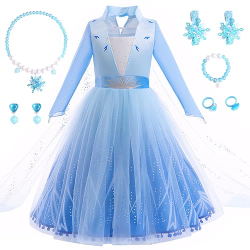 XFOZDM Elsa Kostüm Kinder Elsa Kleid Prinzessin Kostüm Mädchen mit Zubehör Elsa Verkleidung für Faschingskostüme Halloween Weihnachten Geburtstag Party Cosplay lange Ärmel 01 110 von XFOZDM