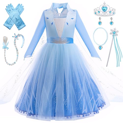 XFOZDM Elsa Kostüm Kinder Elsa Kleid Prinzessin Kostüm Mädchen mit Zubehör Elsa Verkleidung für Faschingskostüme Halloween Weihnachten Geburtstag Party Cosplay lange Ärmel 02 100 von XFOZDM