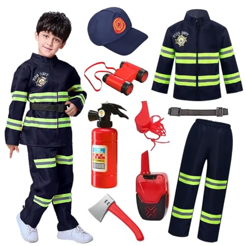 XFOZDM Feuerwehr KostüM Kinder Feuerwehrmann KostüM Feuerwehr Set FeuerlöScher Spielzeug-Feuerwehrmann ZubehöR Karneval Halloween Rollenspiel Maskerade Partys BrandbekäMpfung,Blue 130 von XFOZDM