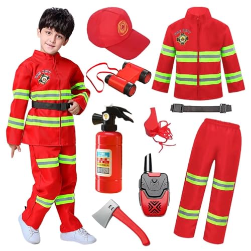 XFOZDM Feuerwehr KostüM Kinder Feuerwehrmann KostüM Feuerwehr Set FeuerlöScher Spielzeug-Feuerwehrmann ZubehöR Karneval Halloween Rollenspiel Maskerade Partys BrandbekäMpfung,Red 110 von XFOZDM