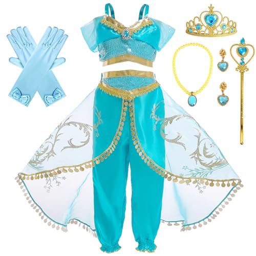 XFOZDM Jasmin Kostüm Kinder Prinzessin Jasmin Kostüm Mädchen Verkleidung aladdin jasmin Kleid für faschingskostüme Halloween Weihnachten Geburtstag Party Cosplay mit Zubehör 100 von XFOZDM